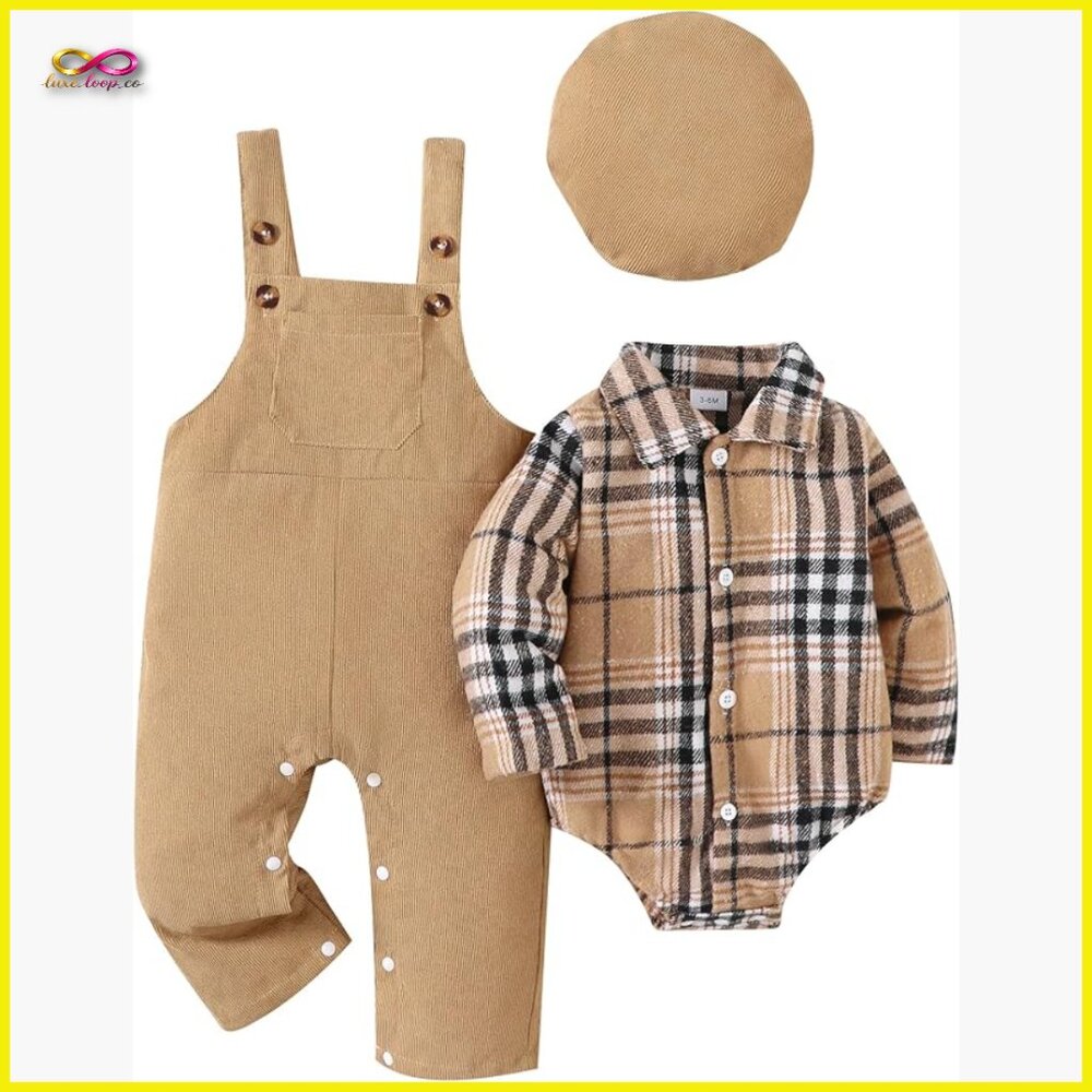 Flannel Plaid Bodysuit Corduroy Overalls Beret Hat 3Pc Fall Winter Outfit Set
